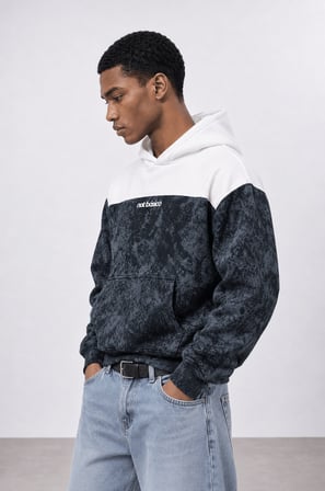 Erkek Not Básico Baskılı Yıkamalı Oversize Hoodie Siyah