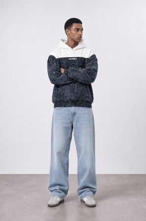 Erkek Not Básico Baskılı Yıkamalı Oversize Hoodie Siyah