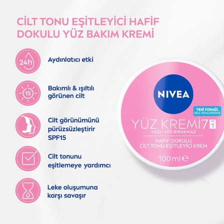 Cilt Tonu Eşitleyici Yüz Kremi 100 ml, Eşit Cilt Tonu, 24 Saat Nemlendirici Yüz Kremi, SPF15 ile Güneş Koruyucu, Hızlı Emilir, Cilt Leke Oluşumunu Önlemeye Yardımcı, Hassas Ciltler için