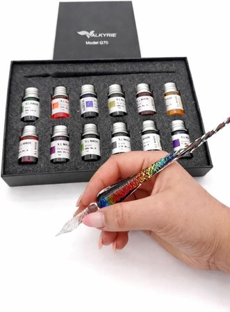Gökkuşağı Cam Kalem Seti 12 Renk Mürekkep Hediyeli – Kristal Dip Pen Kaligrafi, Sanat ve Hobi Kalemi
