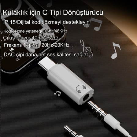 Type C to 3.5mm DAC Kulaklık Dönüştürücü iPhone 15 ve Type C Telefon ile Uyumlu Çevirici OTGAX