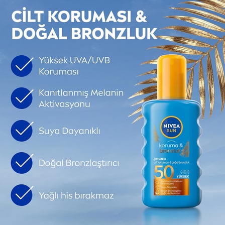 Nivea Sun Spf50 Koruma Ve Bronzluk Gunes Spreyi 200Ml, Dogal Bronzluk, Suya Dayanikli,Melanin