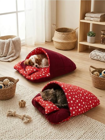 Terlik Model Çift Taraflı Kedi &amp; Küçük Irk Köpek Yatağı, 50x50 cm, Kırmızı