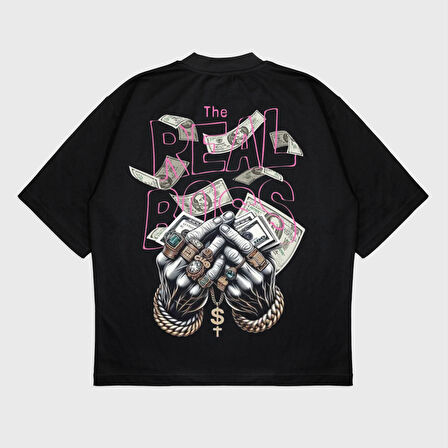 Oversize 'Cash Money' Baskılı Bisiklet Yaka T-Shırt