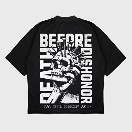 Oversize 'Death Before' Baskılı Bisiklet Yaka T-Shırt