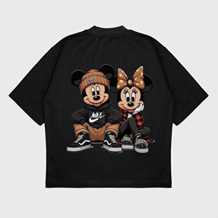 Oversize 'Mouse Street Couple' Baskılı T-Shırt