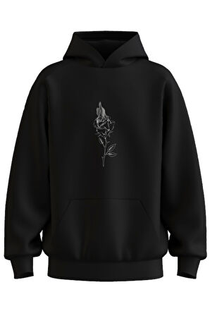 Oversize 'Fire Rose' Baskılı Kapşonlu Hoodie Sweatshirt