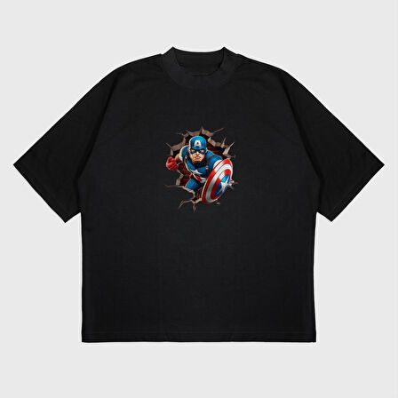 Oversize 'Captain America' Baskılı T-Shırt