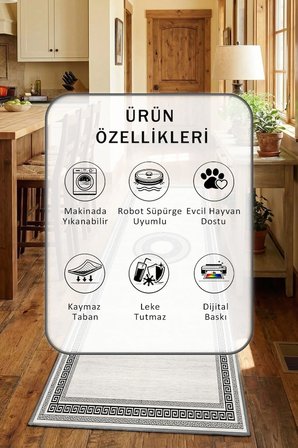 Yıkanabilir Kaymaz Greek Gri Mutfak Halısı Tüy Tutmaz Leke Tutmaz