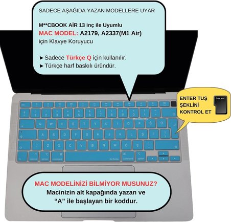 Türkçe Q Klavye Koruyucu MacBook Air 13 A1932 A2179 A2337 M1 Uyumlu | UK ISO Ters L Enter | Ultra İnce Silikon Keyboard Cover Açık Mavi