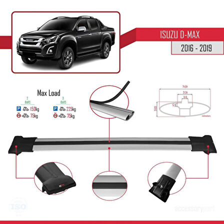 Isuzu D-Max 2 (RT85) Post-Facelift 2016-2019 Arası ile Uyumlu FLY Model Ara Atkı Tavan Barı Gri 2 Adet