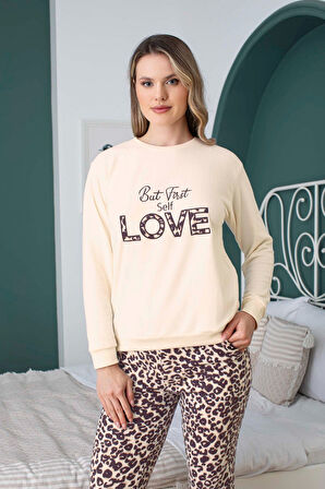 Kadın Bisiklet Yaka Düğmesiz Kışlık Termal Cepli Bilek Manşetli Jogger Uzun Kol Pijama Takımı