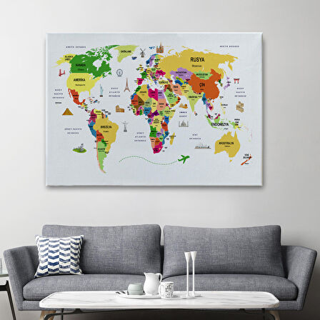 Harita Sepeti Türkçe Dünya Haritası Kanvas Tablo Ülke-Başkentli Öğretici ve Sembollü 2286