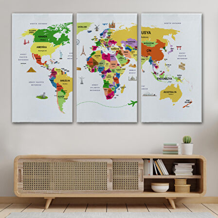 Harita Sepeti Türkçe Dünya Haritası Kanvas Tablo Ülke-Başkentli Öğretici ve Sembollü 2286