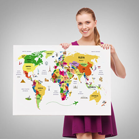 Harita Sepeti Türkçe Dünya Haritası Kanvas Tablo Ülke-Başkentli Öğretici ve Sembollü 2286