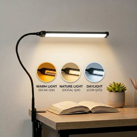 Led Masa Lambası – 12W USB Güç Girişli, Esnek Kol, Klipsli Tasarım, 3 Renk Sıcaklığı (2800K/4200K/6000K), Kısılabilir Dimmer Anahtarlı | Siyah 555