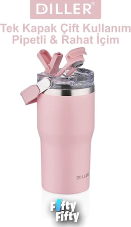 DILLER 620 ML Tek Kapak Çift Kullanım Pipetli/Pipetsiz Taşıma Kulplu Mug/Çelik Termos-FFDILLERD9168