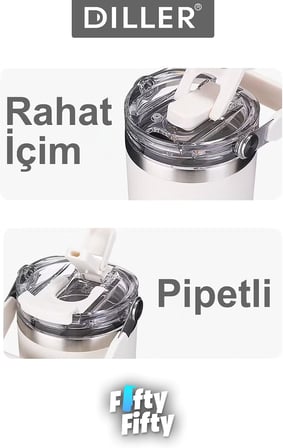 DILLER 620 ML Tek Kapak Çift Kullanım Pipetli/Pipetsiz Taşıma Kulplu Mug/Çelik Termos-FFDILLERD9168