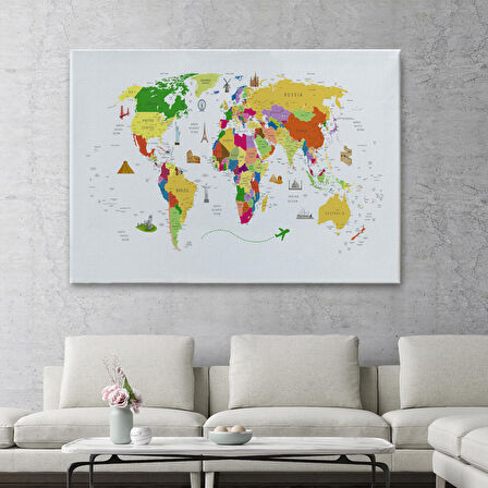 Harita Sepeti Dünya Haritası Dekoratif Kanvas Tablo Ülke ve Başkentli Öğretici ve Sembollü 2287