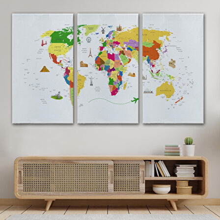 Harita Sepeti Dünya Haritası Dekoratif Kanvas Tablo Ülke ve Başkentli Öğretici ve Sembollü 2287