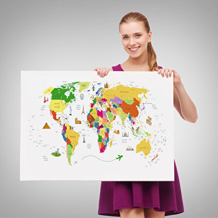 Harita Sepeti Dünya Haritası Dekoratif Kanvas Tablo Ülke ve Başkentli Öğretici ve Sembollü 2287