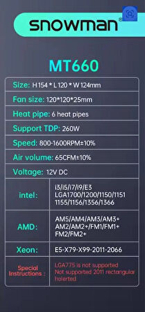 SNOWMAN MT660 CPU ARGB BAKIR SOĞUTUCU - BEYAZ