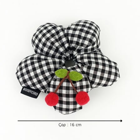 Woodycord El Yapımı Siyah Beyaz Pötikare Desenli Scrunchies Toka - Kiraz 