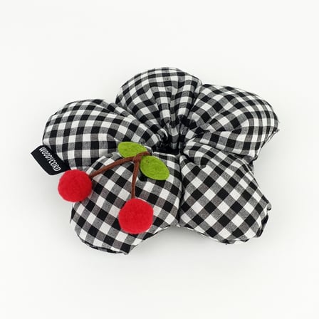 Woodycord El Yapımı Siyah Beyaz Pötikare Desenli Scrunchies Toka - Kiraz 
