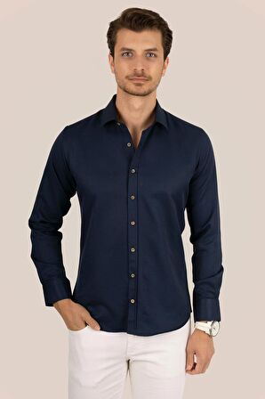 Lacivert Kahve Düğmeli Slimfit Gömlek