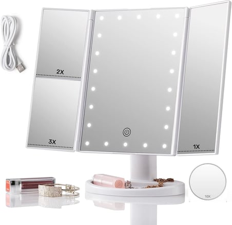 LED Işıklı Katlanabilir Makyaj Aynası - 2X 3X 10X Büyütme Modu - Dokunmatik Touch Ekran - 5 Farklı Ayna