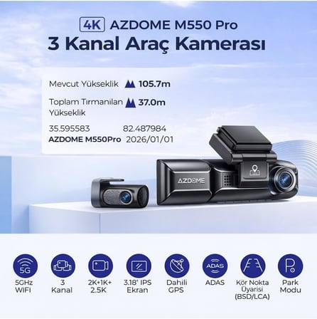 Azdome M550 Pro 3 Kameralı 150 Derece Görüş Açışı 4K Ultra HD Gece Görüşlü Wifi Araç İçi Kamera