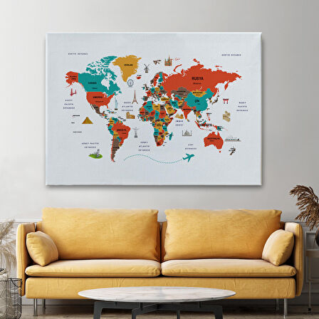 Harita Sepeti Türkçe Dünya Haritası Kanvas Tablo Ülke-Başkentli Öğretici ve Sembollü 2290