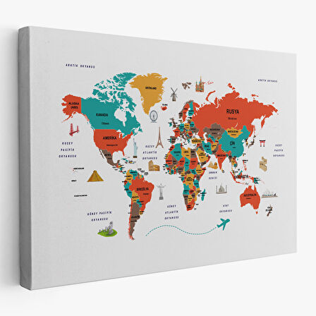 Harita Sepeti Türkçe Dünya Haritası Kanvas Tablo Ülke-Başkentli Öğretici ve Sembollü 2290