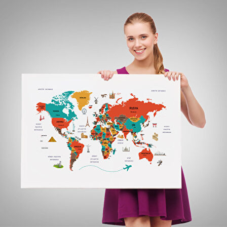 Harita Sepeti Türkçe Dünya Haritası Kanvas Tablo Ülke-Başkentli Öğretici ve Sembollü 2290