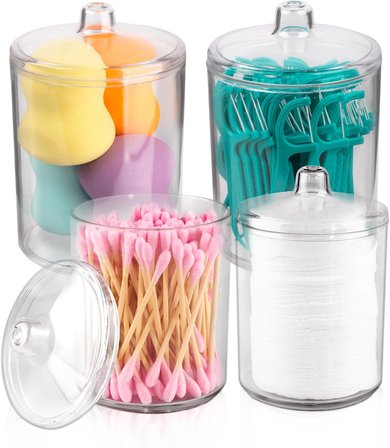 Qtip Tutucu, Makyaj Makyaj Düzenleyici Depolama, Kapaklı Şeffaf Plastik Eczacı Kavanozları, Banyo Pamuklu Çubuk Dispenseri, 2x10oz ve 2x7oz, 4'lü Paket, Kahverengi Ahşap Kapaklar,