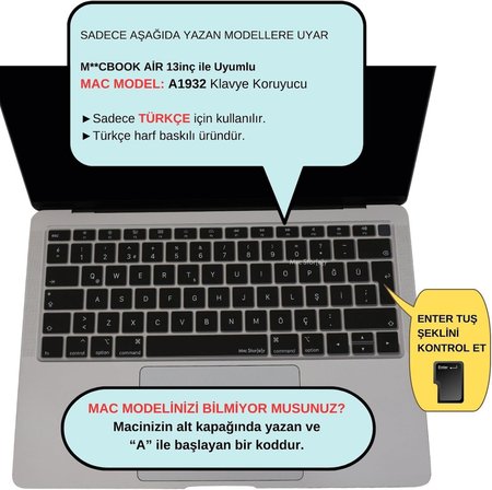 Türkçe Q Silikon Klavye Koruyucu MacBook Air 13 Retina Uyumlu A1932 A2179 A2337 M1 | ISO UK Ters L Enter | TR Q Klavye Kaplama Siyah