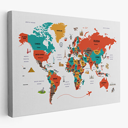 Harita Sepeti Dünya Haritası Dekoratif Kanvas Tablo Ülke ve Başkentli Öğretici ve Sembollü 2291