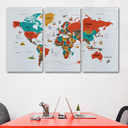 Harita Sepeti Dünya Haritası Dekoratif Kanvas Tablo Ülke ve Başkentli Öğretici ve Sembollü 2291