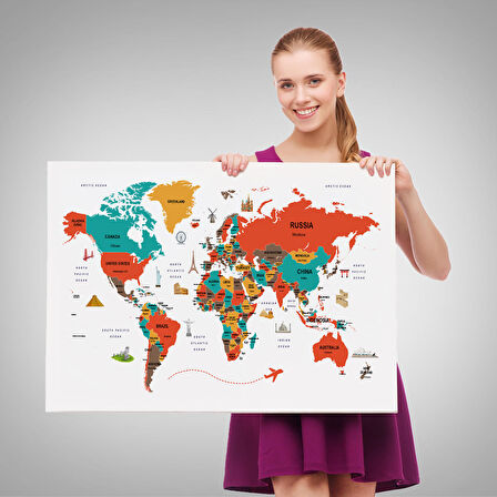 Harita Sepeti Dünya Haritası Dekoratif Kanvas Tablo Ülke ve Başkentli Öğretici ve Sembollü 2291