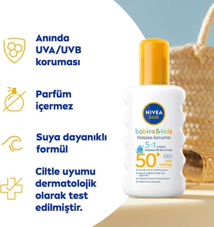 NIVEA SUN SPF50+ Çocuklar ve Bebekler İçin Yüksek Güneş Koruyucu Sprey 200ml,Hassas Cilt,Parfümsüz