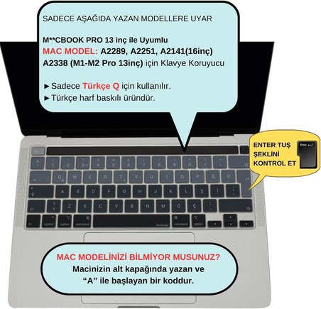 MacBook Pro Türkçe Q Klavye Koruyucu Silikon – Touch Bar Uyumlu – 13 inç A2251 A2289 A2338 (M1/M2) – 16 inç A2141 – İnce Siyah Gri