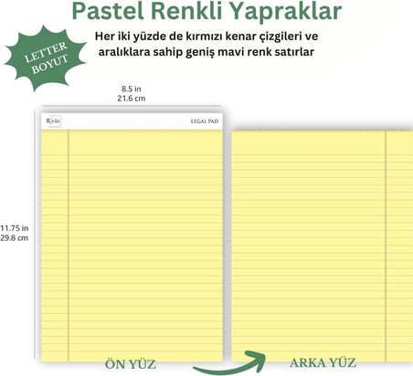 Letter Boyut (216 x 297mm), Sarı renkli Legal Pad, Notluk, Notepad, Defter, 50 Yaprak, Geniş Satır aralığı, okul, iş ve ofis için, Türk Malı