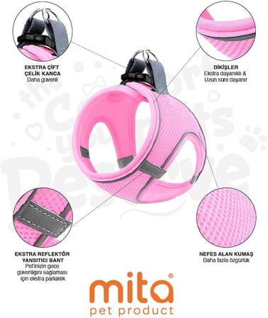 Air Mesh Kedi Köpek Göğüs Tasması Çift Reflektörlü, Terletmeyen Tasma (Açık Pembe, L)