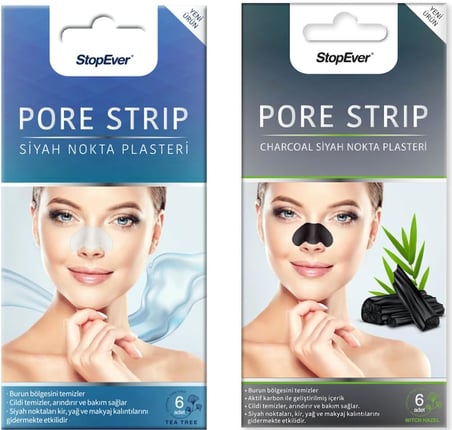 Pore Strip Siyah Nokta Bandı – 2'li Paket (Charcoal + Tea Tree) | Siyah Nokta Karşıtı | Gözenek Temizleyici | Aktif Karbon &amp; Çay Ağacı Özlü | 12 Adet