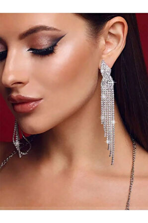 Aksesuar Taşlı New Uzun Şık Düğün Abiye Küpe