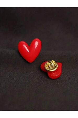 Kırmızı Kalp Desenli 2'li Broş