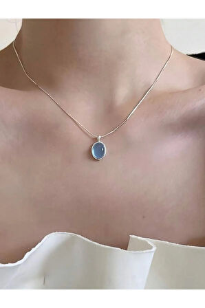 Mavi Su Damlası Kolye Sedefli Oval