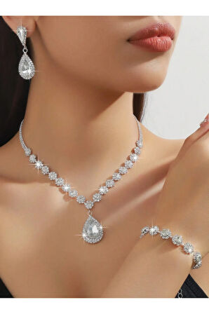 Gümüş Kaplama Beyaz Kolye Küpe Ve Bileklik Seti 3'lü Set Davet Düğün Nişan Abiye