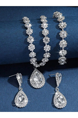 Gümüş Kaplama Beyaz Kolye Küpe Ve Bileklik Seti 3'lü Set Davet Düğün Nişan Abiye