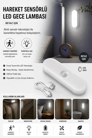 Neo Vista USB Şarjlı LED Işık, Hareket Sensörlü, Beyaz Işık, Oda, Mutfak, Salon ve Merdiven için Taşınabilir Lamba